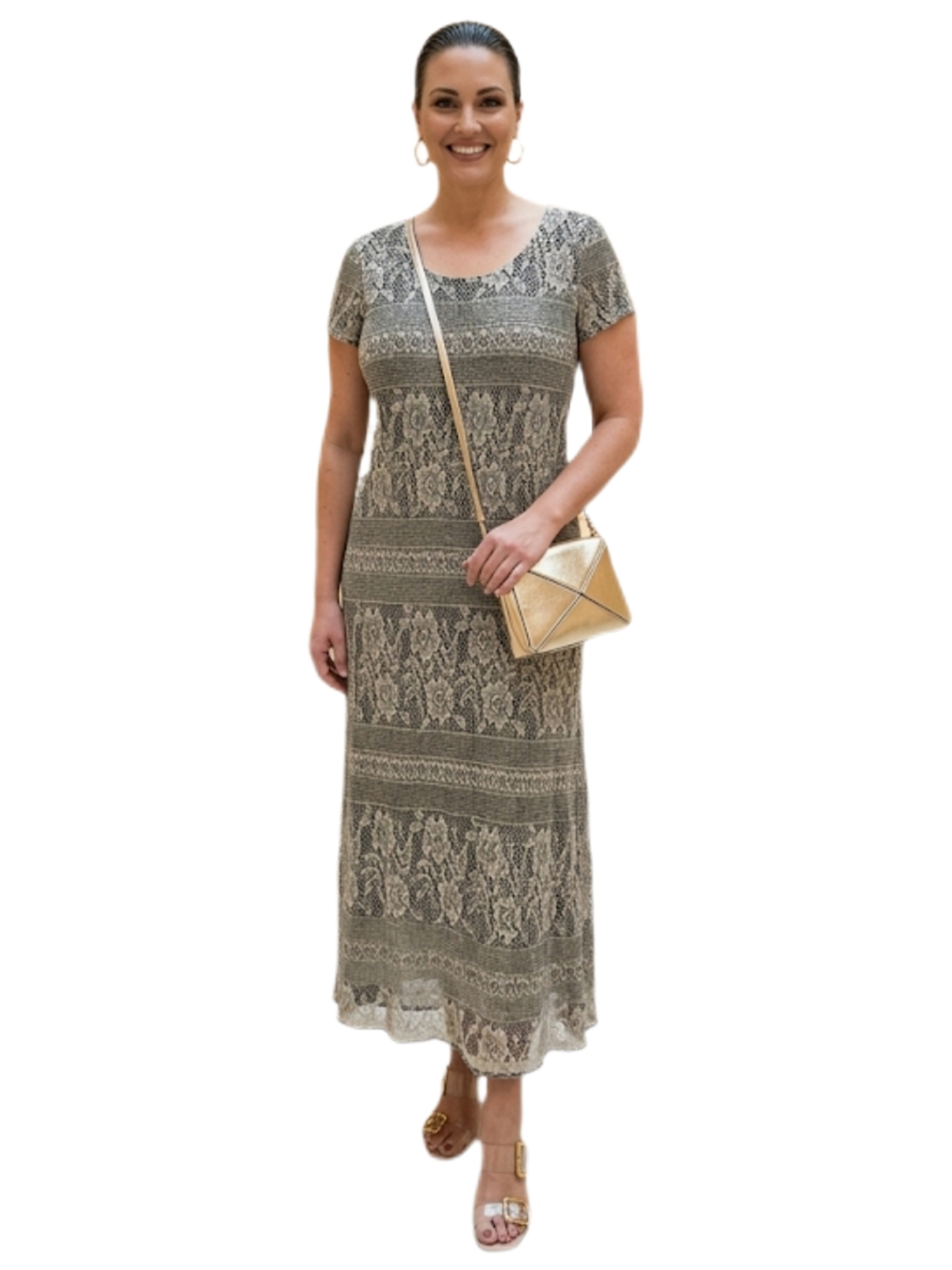 VTG Jessica Howard Metallic Gold Lace Maxi Dress NWT Size 16 Made in USA